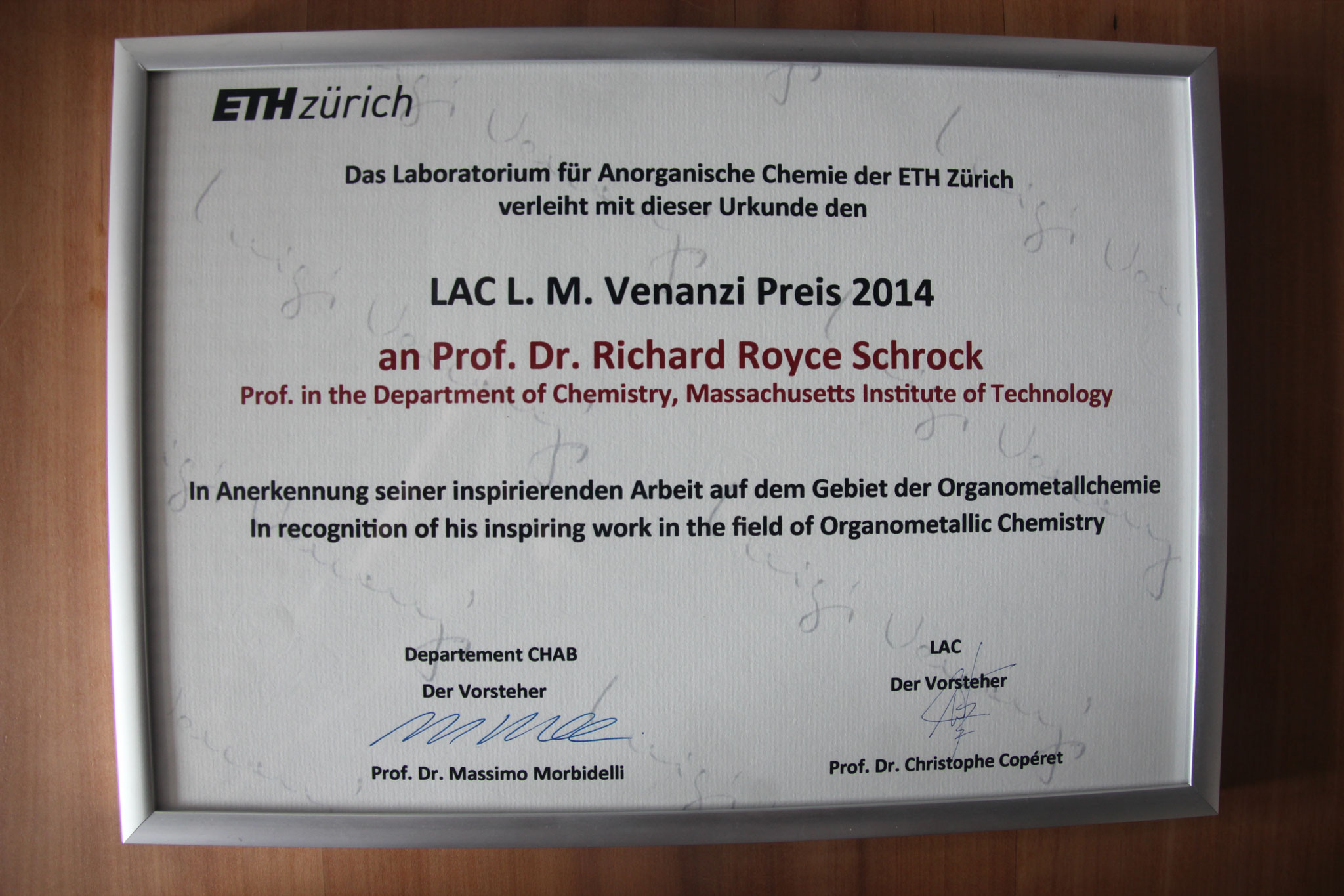 Vergrösserte Ansicht: Award Diploma L. M. Venanzi Distinguished Lecture 2014