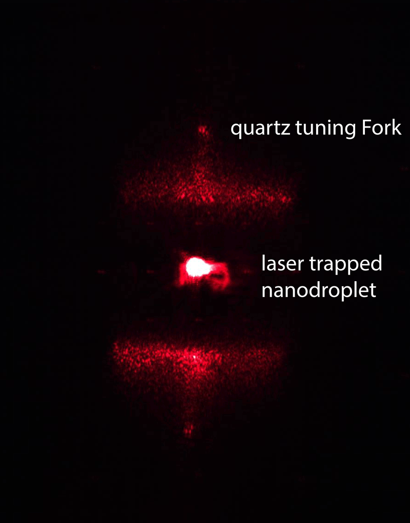Enlarged view: quartz tuning Fork with laser trapped nano droplet