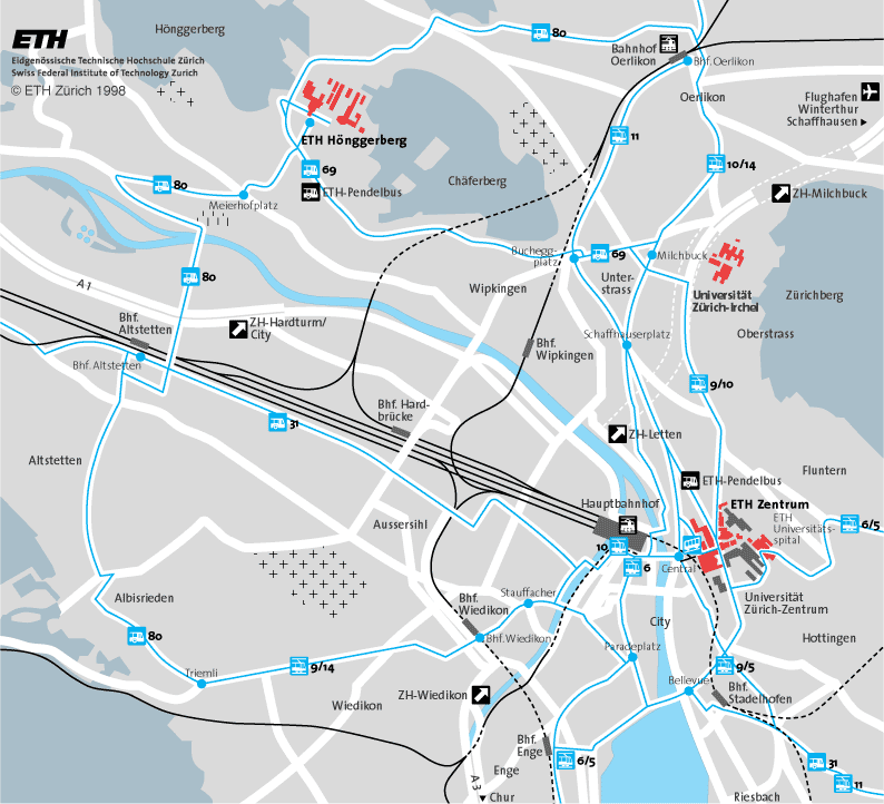 Enlarged view: Map from Hauptbahnhof to Hönggerberg